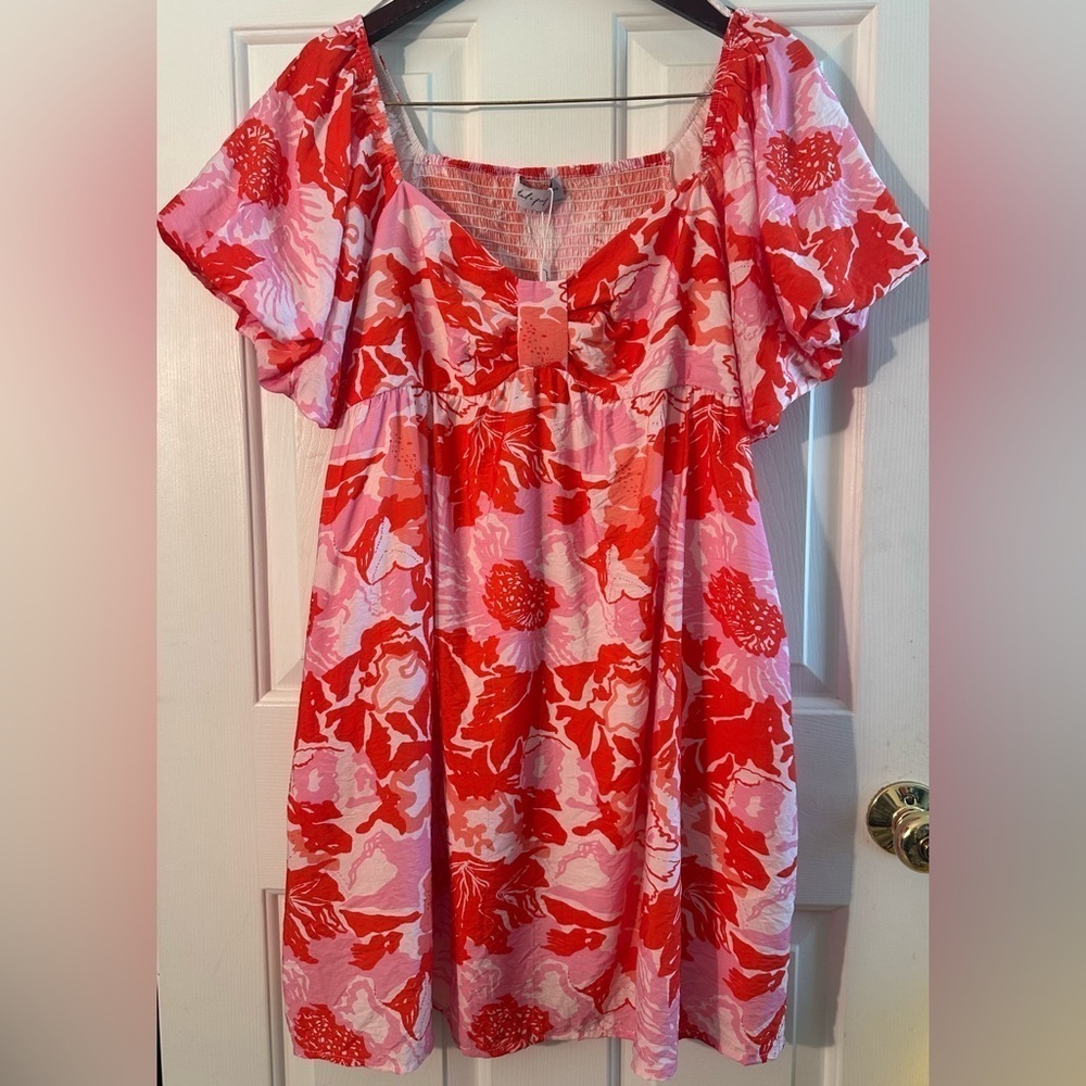 PETAL + PUP XL Romantic Mini Dress Pink Floral Babydoll Balloon Sleeve POCKET